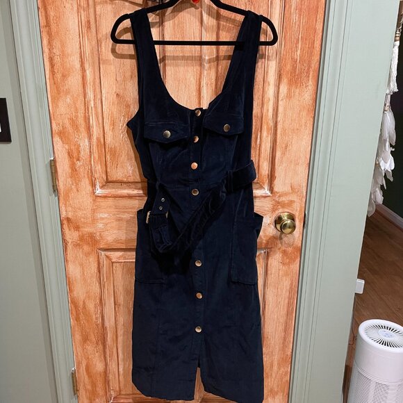 Anthropologie 18W Corduroy Slim Midi Navy & Gold Plus 2X Pinafore Dress As-Is - Picture 2 of 12